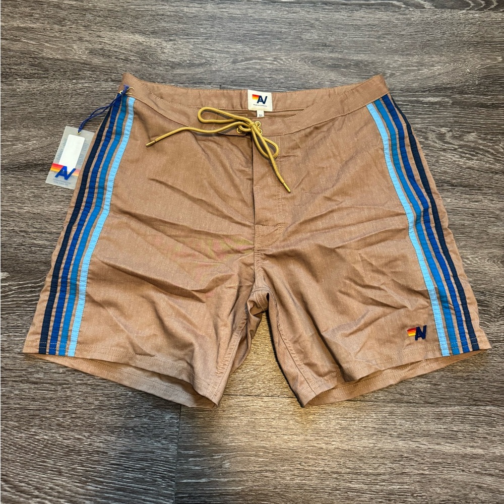 Aviator Nation Tan Board Shorts with Blue Accents